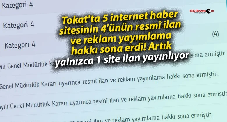 Tokat’ta 5 internet haber sitesinin 4’ünün resmî ilan ve reklam yayımlama hakkı sona erdirildi