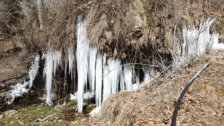 Adana’da buz tutan Obruk Şelalesi’nde sarkıtlar oluştu