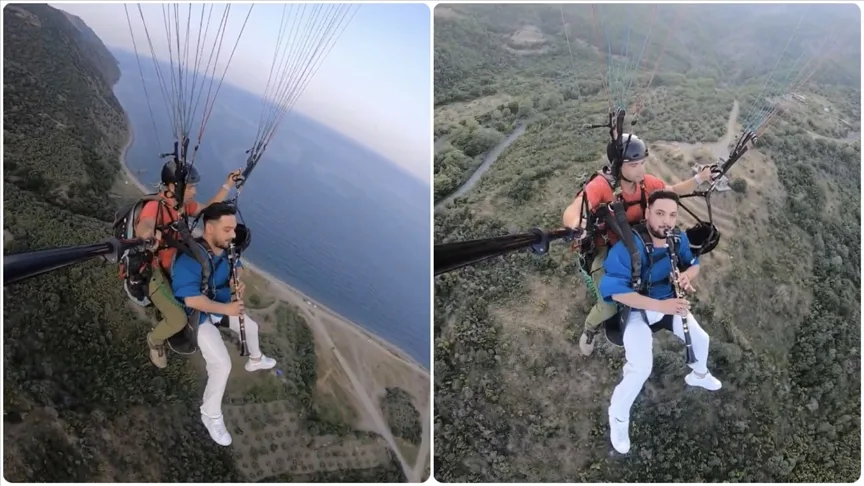 Yamaç paraşütüyle uçarken klarnet çaldı