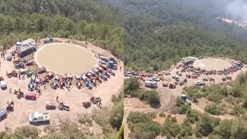 Bursa’da yangın söndürme havuzuna tankerlerle su taşıyan vatandaşlar helikopterleri susuz bırakmadı
