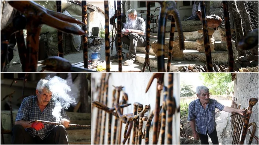 Doğadan topladığı ağaç dallarını hayvan figürlü bastonlara dönüştürüyor